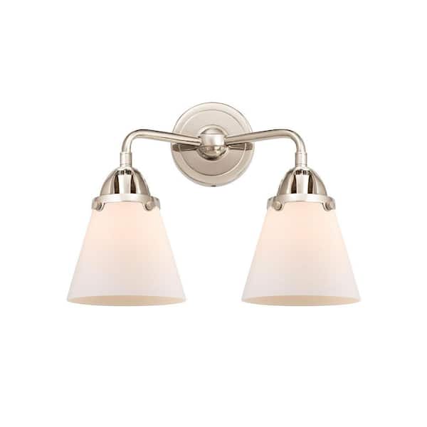 Cone 14.25 in. 2-Light Polished Nickel Vanity Light with Glass Shade