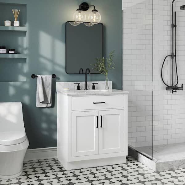 ARIEL Hepburn 30 in. W x 22 in. D x 35.25 in. H Bath Vanity in White with White Carrara Marble Vanity Top with White Basin