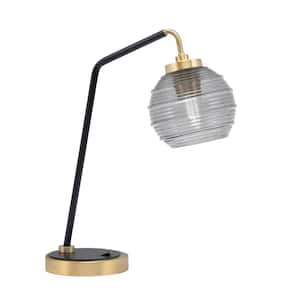 Delgado 16.5 in. Matte Black and New Age Brass Desk Lamp with Smoke Ribbed Glass