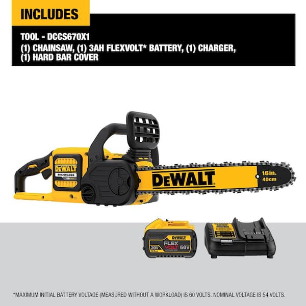 DEWALT 60V MAX Brushless Battery Powered Chainsaw Kit with 3Ah Battery & Charger DCCS670X1 - The Home Depot