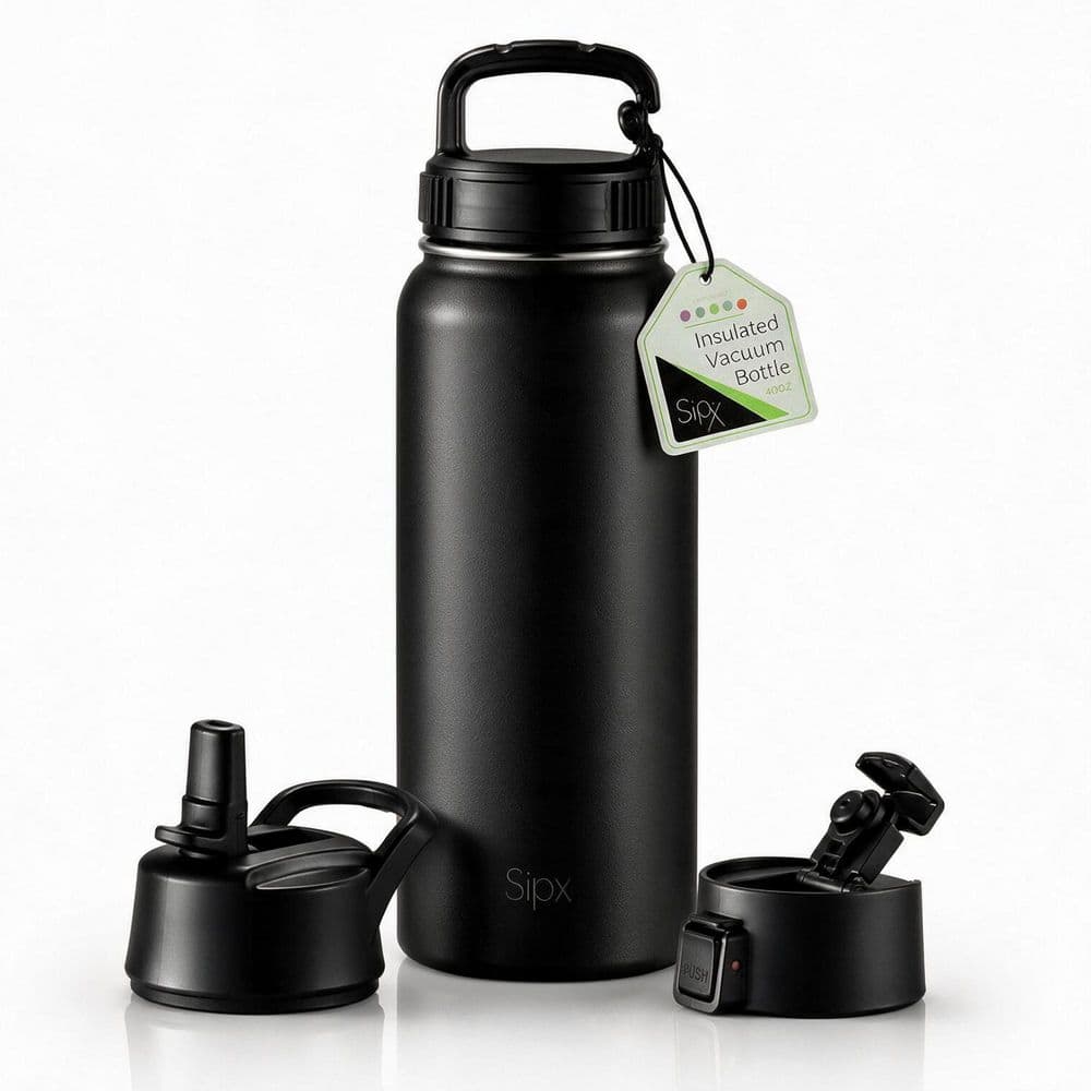 40 oz. Black Stainless Steel, Insulated Water Bottle with 3 Lids