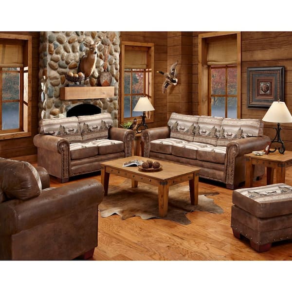 American Furniture Classics Alpine Lodge 4-Piece Alpine Lodge Tapestry Brown Pinto Microfiber Living Room Set with Sleeper Sofa