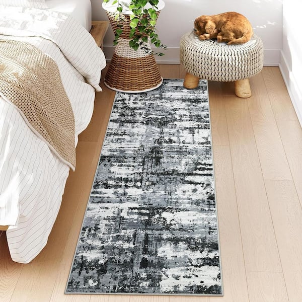 Area Rug Low Pile Soft Thin Carpet Washable for Bedroom Living Room Laundry Office Gray Black 2 ft. x 6 ft.  Area Rug