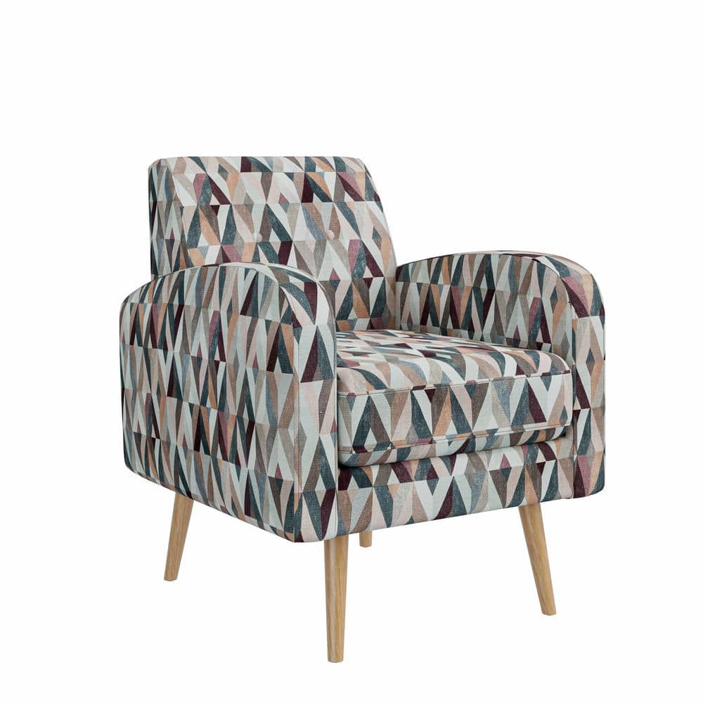 Mid-Century Modern Red and Tan Geometric Fabric Barrel Accent Chair