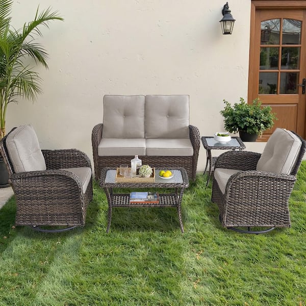5-Piece Wicker Patio Conversation Set with Beige Cushions