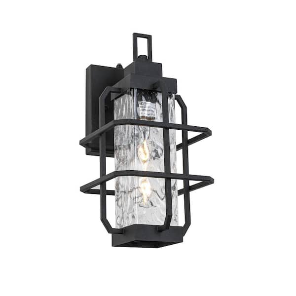 10 in. W 1-Light Sand Black Texture and Water Texture Glass Outdoor Induction Lantern Wall Sconce, Bulb Not Included