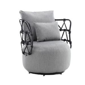 Modern Grey Linen Upholstered Swivel Barrel Accent Arm Chair with Unique Design Metal Bracket