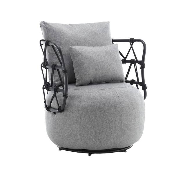 HOMEFUN Modern Grey Linen Upholstered Swivel Barrel Accent Arm Chair with Unique Design Metal Bracket