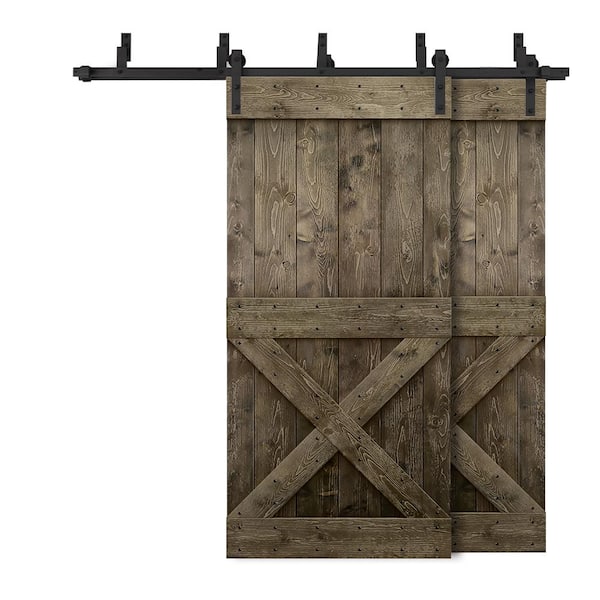 CALHOME 72 in. x 84 in. Mini X Bar Bypass Espresso Stained Solid Pine Wood Interior Double Sliding Barn Door with Hardware Kit