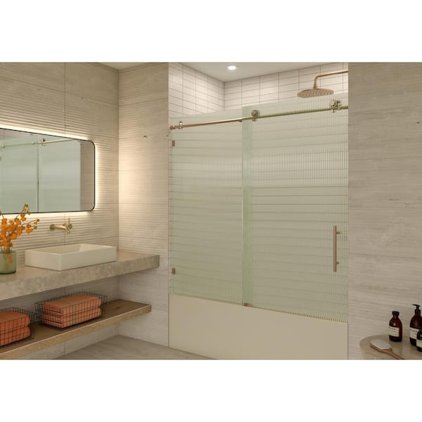 Glass Warehouse Galaxy 56 in. - 60 in. W x 60 in. H Frameless Sliding Bathtub Door in Brushed Bronze with Fluted Glass