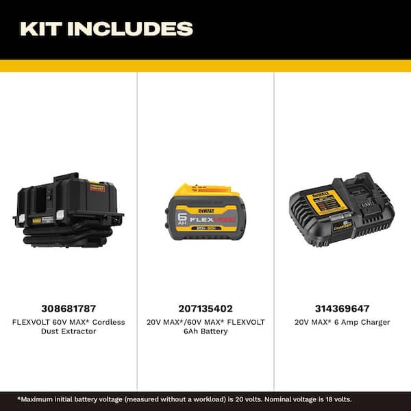 FLEXVOLT 60V MAX Lithium-Ion Cordless Dust Extractor Kit with 6. 0Ah Battery Pack and 6 Amp Output Charger