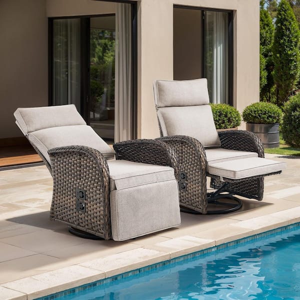Plain Curve 2-Piece Brown Wicker Outdoor Adjustable Swivel Recliner Chair with Beige Cushions