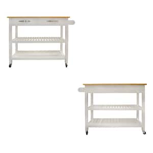 White Kitchen Island & Kitchen Cart, Mobile Kitchen Island with Two Lockable Wheels, Rubber Wood Top, Simple Design