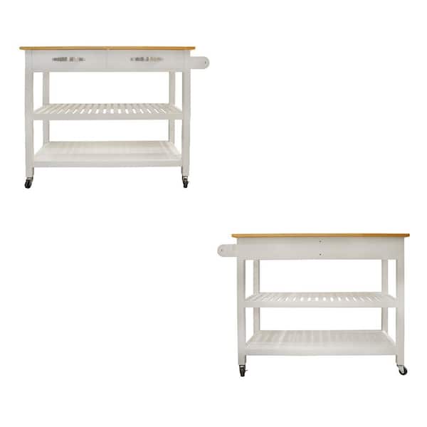 Siavonce White Kitchen Island & Kitchen Cart, Mobile Kitchen Island with Two Lockable Wheels, Rubber Wood Top, Simple Design