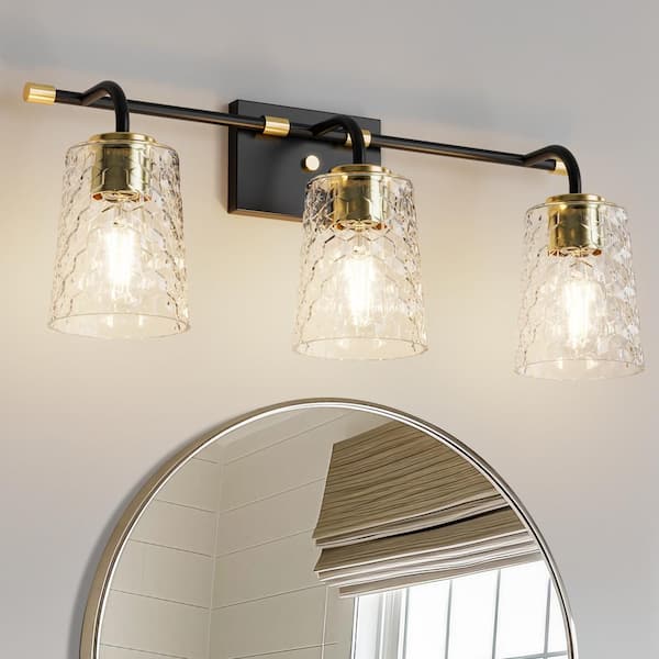 YANSUN 24 in. 3-Light Black Vanity Light with Clear Cone Glass Shades for Bathroom, Mirror, Powder Room
