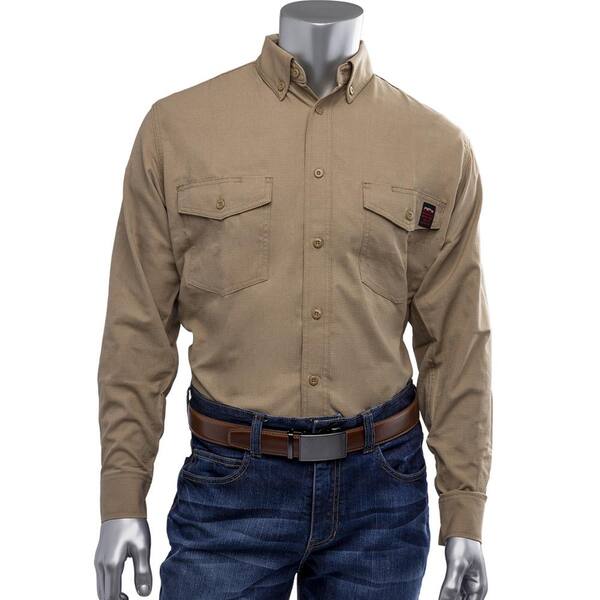 PIP Men's Medium Tan AR/FR Dual Certified Ripstop Long Sleeve Work Shirt, 9 cal/sq. cm