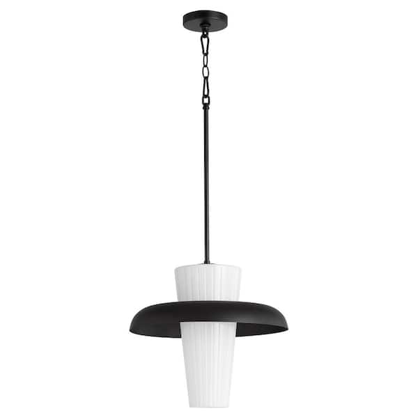 Mallory 100-Watt 1-Light 16 in. Matte Black Pendant Light with White Glass Shade, No bulb included