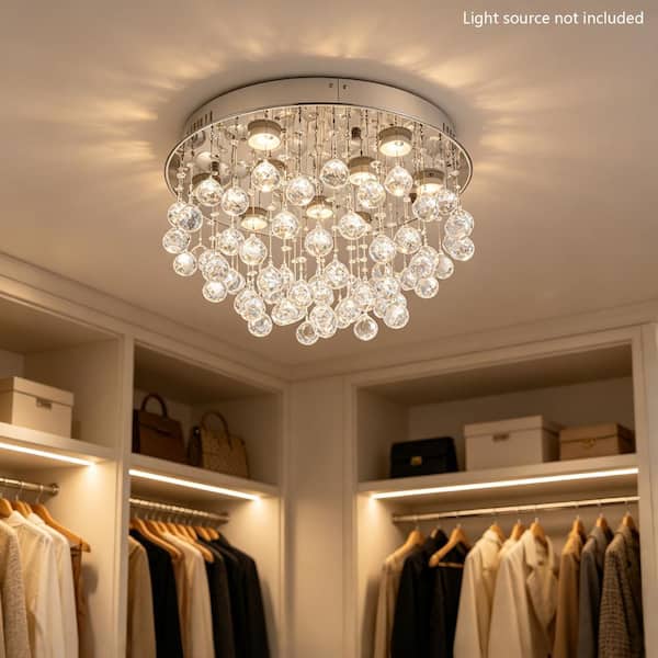 OUKANING 19.7 in. 9-Light Silver Modern Crystal Semi-Flush Mount