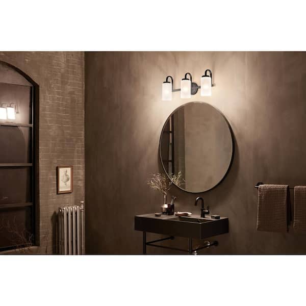 Kennewick 22.75 in. 3-Light Black Traditional Bathroom Vanity Light with Etched Glass