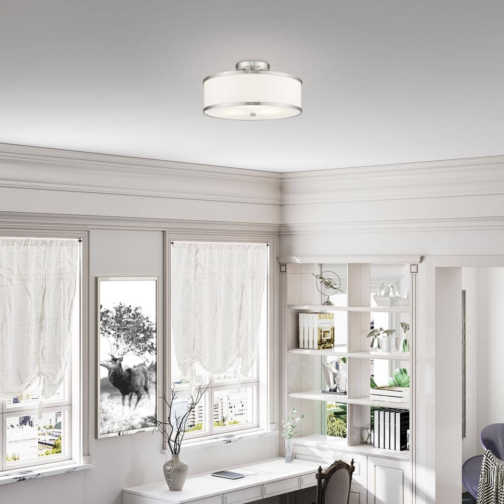Elegant Brushed Nickel 3-Light Semi-Flush Drum with Off-White Fabric Shade
