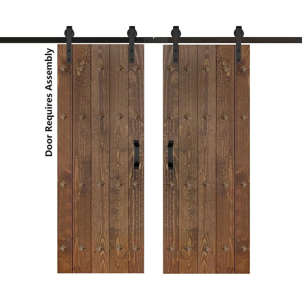 ISLIFE Mid-Century New Style 60 in. x 84 in. Dark Walnut Finished Solid Wood Double Sliding Barn Door with Hardware Kit