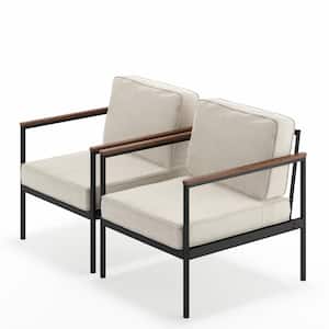Savannah Black Back Support Aluminum and Bamboo Outdoor Lounge Chair with Beige Cushions (Set of 2)