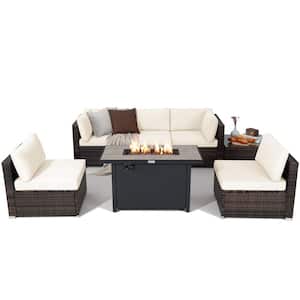 7 Piece Wicker Patio Conversation Set with 60000 BTU Fire Pit Table & Protective Cover & White Cushions