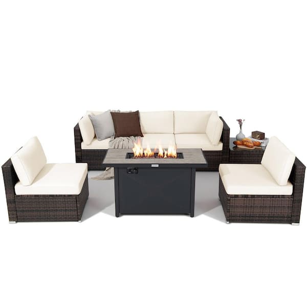 Costway 7 Piece Wicker Patio Conversation Set with 60000 BTU Fire Pit Table & Protective Cover & White Cushions