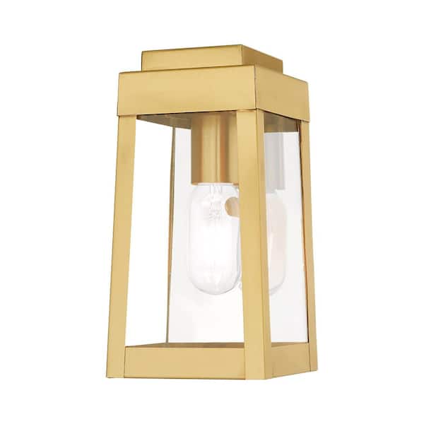 AVIANCE LIGHTING Vaughn 9.5 in. 1-Light Satin Brass Outdoor Hardwired Wall Lantern Sconce with No Bulbs Included