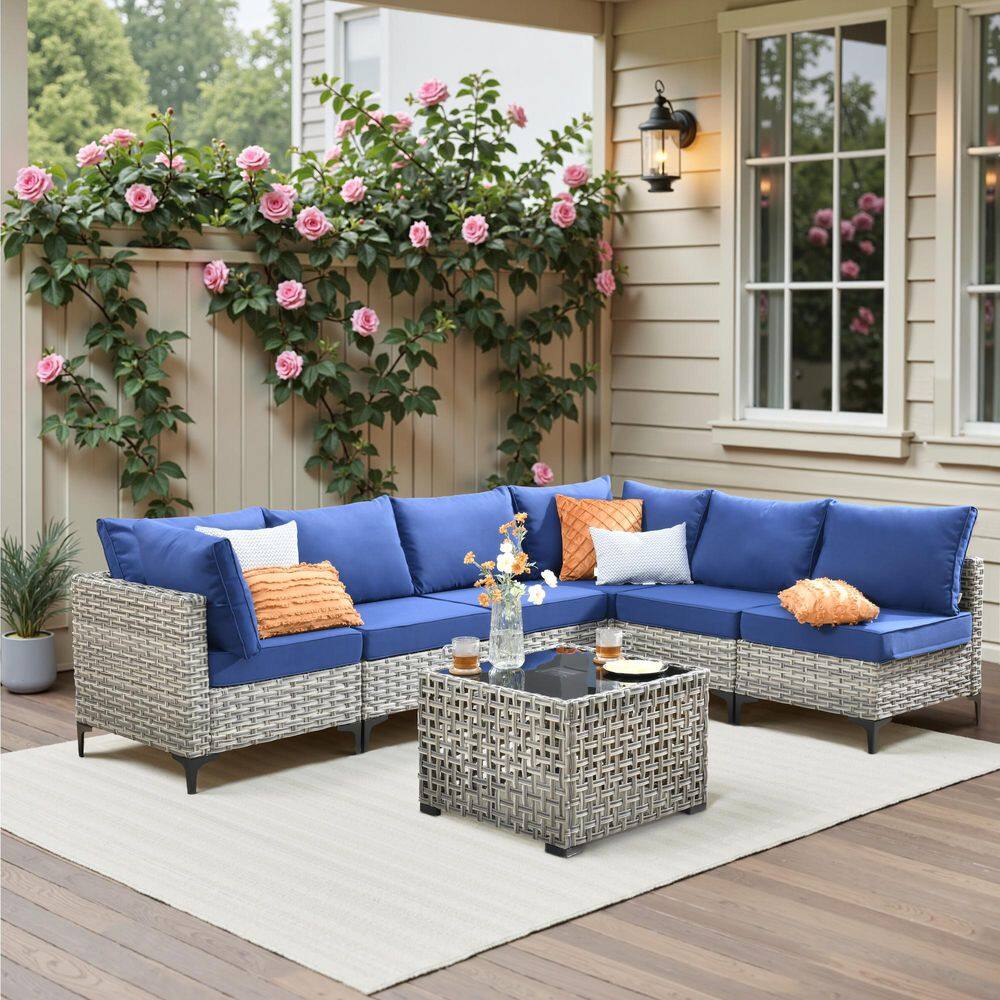 Holston 7-Piece Wicker Modern Outdoor Patio Conversation Sofa Sectional Set with a LED Table and Navy-Blue Cushions price history on PriceWatchPro
