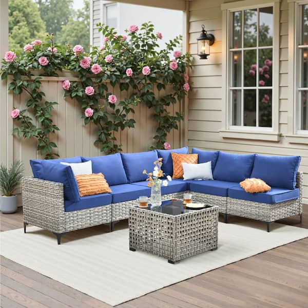 Holston 7-Piece Wicker Modern Outdoor Patio Conversation Sofa Sectional Set with a LED Table and Navy-Blue Cushions