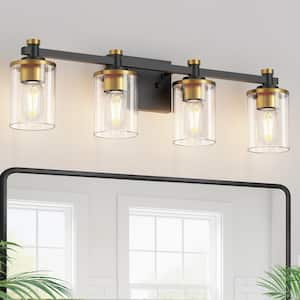 28 in. 4-Light Modern Black and Gold Bathroom Vanity Light with Clear Glass Shades for Bathroom and No Bulbs Included