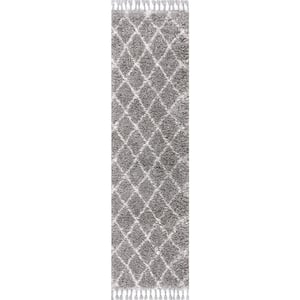 Mercer Shag Plush Tassel Moroccan Geometric Trellis Grey/Cream 2 ft. x 8 ft. Runner Rug