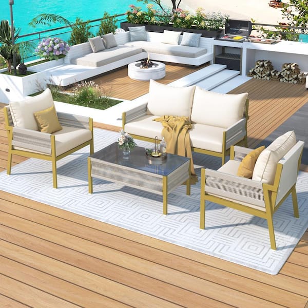 4-Piece Rope Patio Wood Conversation Set with CushionGuard Beige Cushions with Tempered Glass Table