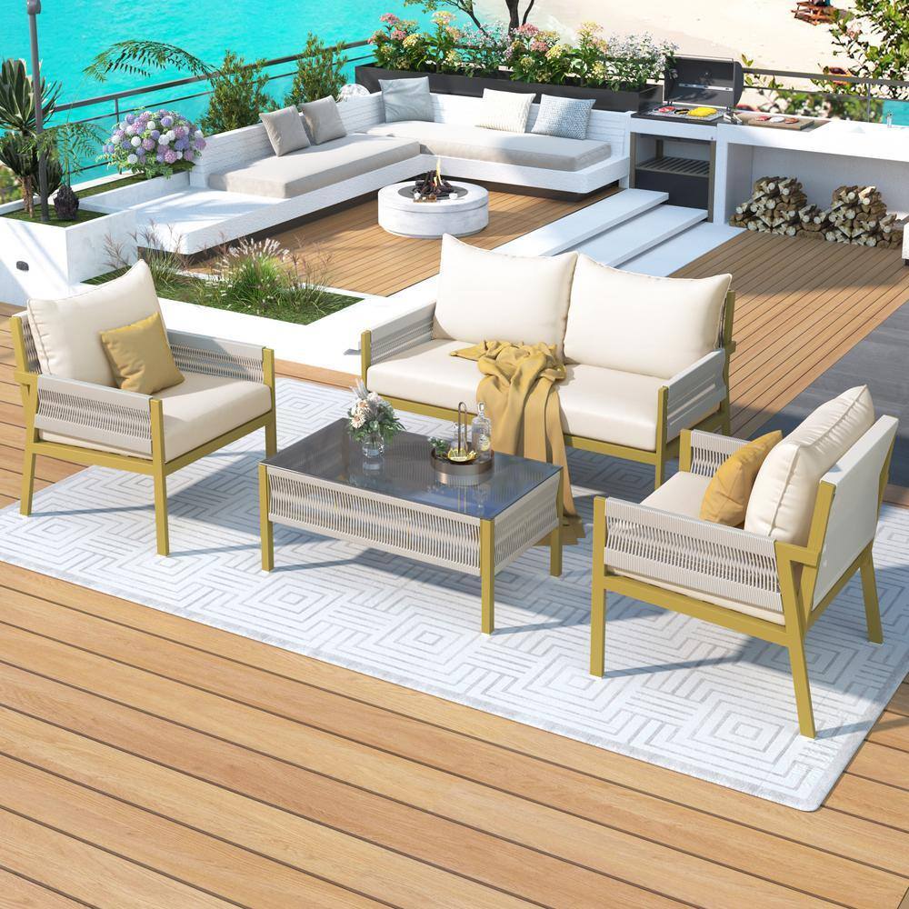 Xzkai 4-Piece Rope Patio Wood Conversation Set with Cushion Guard Beige ...