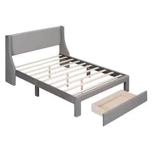 Gray Wood Frame Full Velvet Upholstered Platform Bed with Drawer