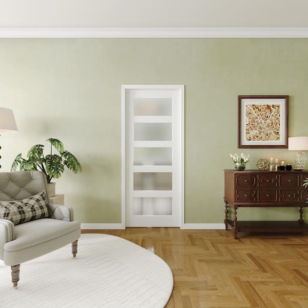 32in. x 80in. Interior Sliding Door, 5 Lites Frosted Glass Solid Wood MDF White Pantry Door Panels, Single Slab Finished