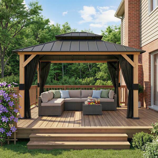 11 ft. x 13 ft. Wood Outdoor Gazebo with Galvanized Steel Double Roof and Mosquito Netting