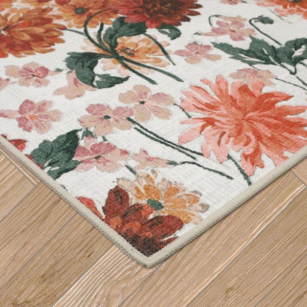 Dahlias Chenile Red Ivory 2 ft. x 9 ft. Floral 2-Piece Rug Set
