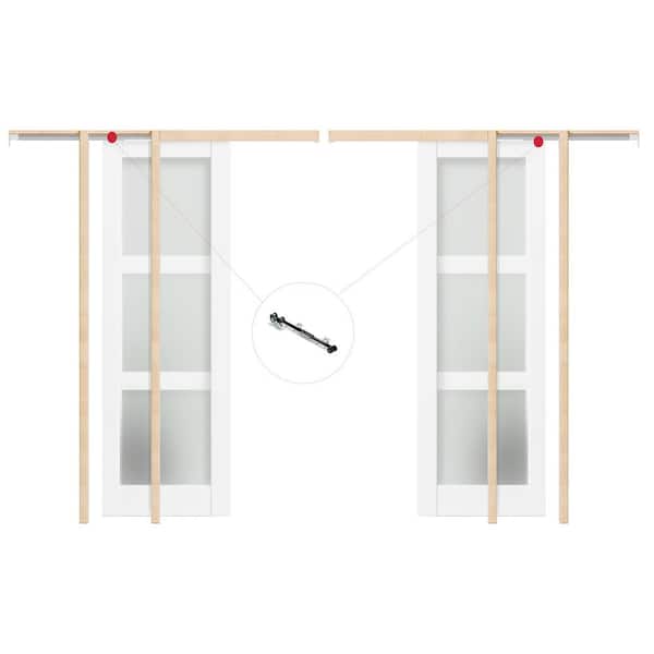 56 in. x 80 in. White Primed Solid Wood 3-Lite Frosted Glass Sliding Pocket Door with Soft Close, Frame and Hardware