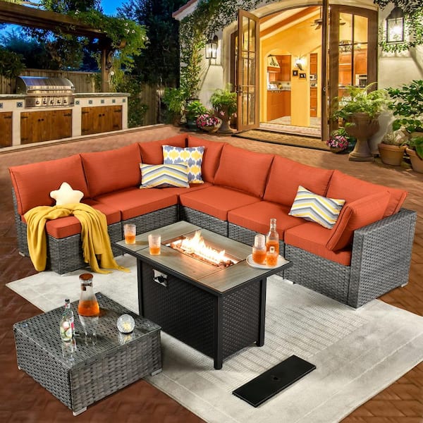 weaxty W Daffodil A Gray 8-Piece Wicker Patio Rectangular Fire Pit Conversation Sofa Set with Orange Red Cushions