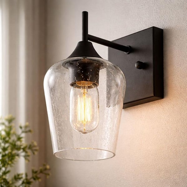 4.9 in. 1-Light Black Wall Sconce Bathroom Vanity Light with Clear Seeded Glass Shade