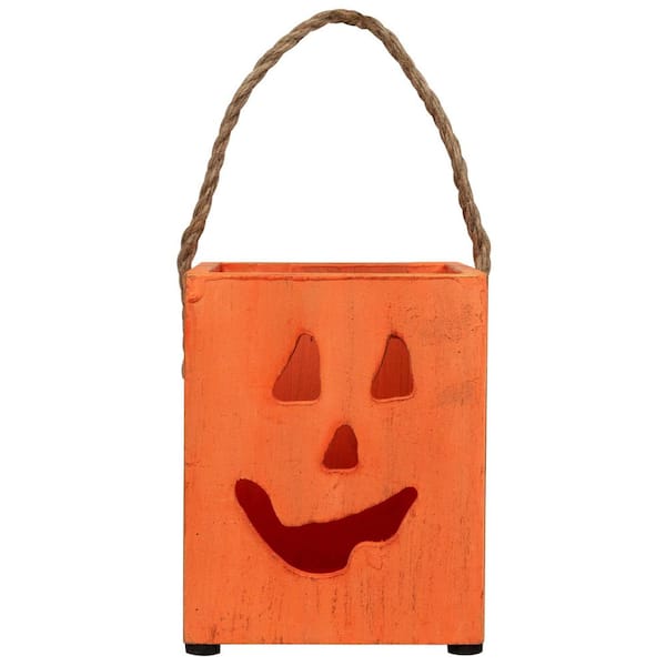 6.25 in. Small Orange Wood Jack O Lantern Halloween Candle Lantern