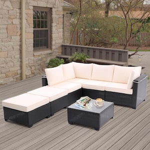 7-Piece Dark Gray PE Rattan Wicker Outdoor Sectional Sofa Set with Beige Cushions,Corner Chairs,Ottomans,Glass Top Table