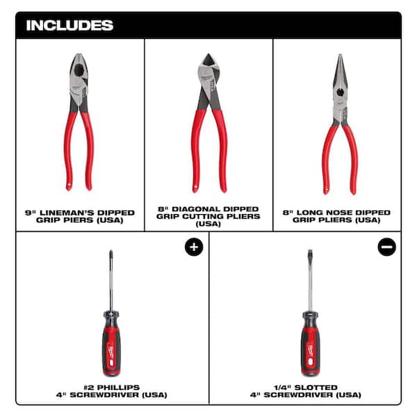 Linesman Plier w/Dipped Grip, 8 in. Long Nose Plier w/Dipped Grip, 7 in. Diagonal Plier w/Dipped Grip, & Screwdriver Set