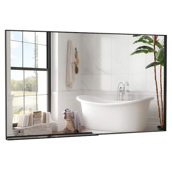 FUNKOL 36 in. W x 60 in. H Rectangular Aluminum Framed Wall Mounted Bathroom Vanity Mirror with Removable Tray in Black