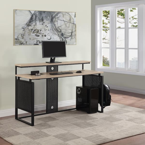 OSP Home Furnishings Ace 59.50 in. Rectangular River Oak/Black Computer Desk with Hutch