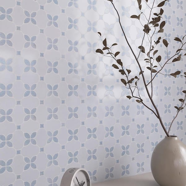 Clover Bloom White and Blue 11.82 in. x 11.82 in. Floral Polished Marble Mosaic Wall and Floor Tile (9.7 sq. ft./Case)