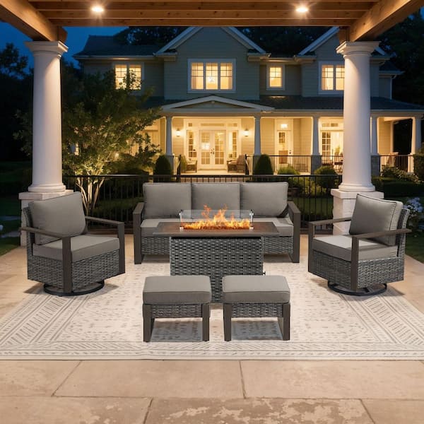 6-Piece Gray Wicker Outdoor Patio Conversation Sets Patio Gliding Chair for Backyard and Ottoman, with Gray Cushions