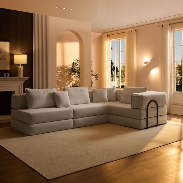 118.2 in. Corduroy Fabric Upholstered L Shaped DIY Combination Sectional Sofa in. Light Gray